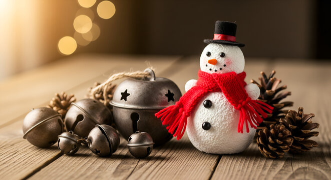 Festive Snowman with Pine Cones and Bells on Wood - Powered by Adobe