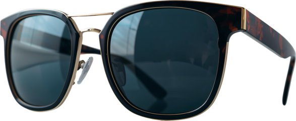 A modern sunglasses PNG with glossy lenses and smooth reflections, transparent background