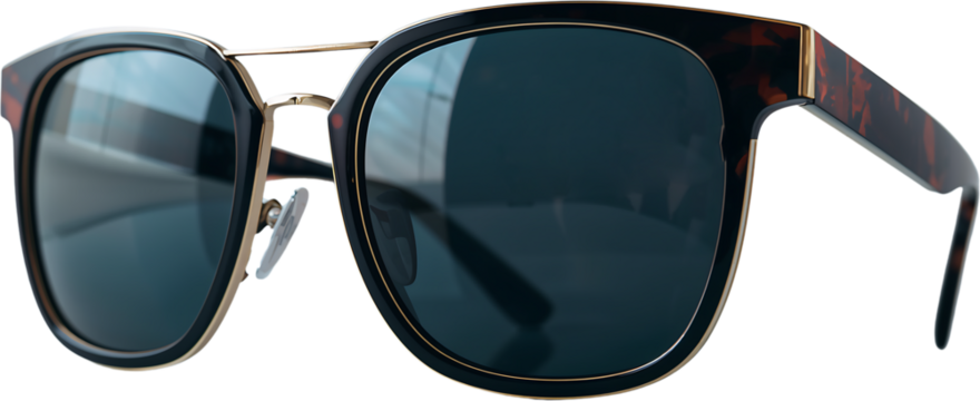 A modern sunglasses PNG with glossy lenses and smooth reflections, transparent background