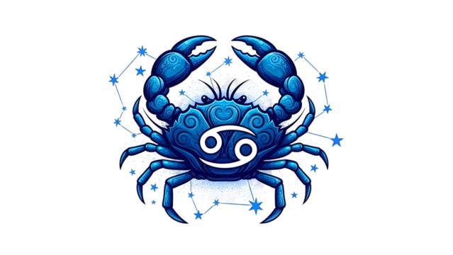 Blue cartoon crab with zodiac symbol on a moon-like backdrop, with a constellation behind