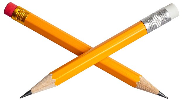 Two yellow wooden writing tools with erasers and graphite tips intersect at the center. One has a red eraser, the other white