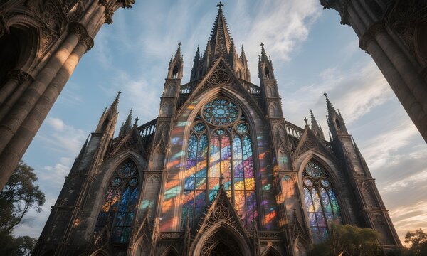 Gothic Cathedral with Stained Glass Light - Powered by Adobe