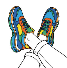 Stylish New Sneakers on Crossed Legs Vector Illustration