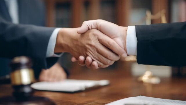 Businessmen Shaking Hands in Office with Gavel and Scales of Justice, Symbolizing Legal Agreement or Partnership