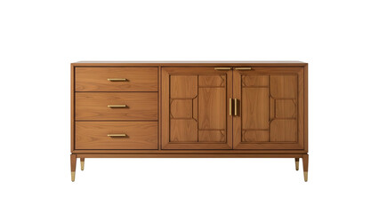 Mid-century modern wood cabinet with drawers and doors, gold hardware, on dark background