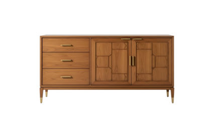 Mid-century modern wood cabinet with drawers and doors, gold hardware, on dark background