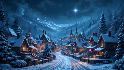 Christmas Starry Night Sky Over a Snowy Holiday Village
