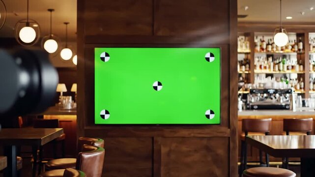 Broadcast Content Placeholder with wide fixed model released fans watching a game on large tv in sport pub green screen chroma key tracking points shot arri alexa mini atlas orion 2x anamorphic lens