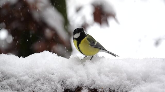 Great tit (Parus major), in winter under a snowfall
