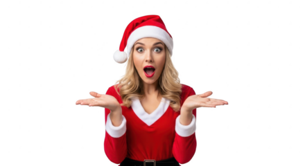 Surprised woman in santa costume isolated on transparent background