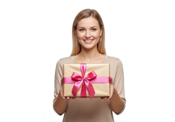 Smiling woman holding a gift box with pink ribbon, isolated on transparent background