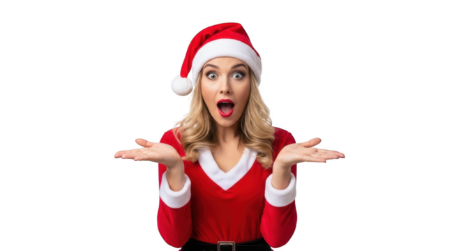 Surprised woman in santa costume isolated on transparent background