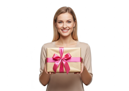 Smiling woman holding a gift box with pink ribbon, isolated on transparent background
