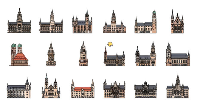 Pixel art collection of various European city hall buildings, showcasing architectural diversity and historical significance.