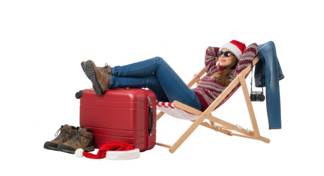 Woman in santa hat relaxing in deck chair with suitcase, isolated on transparent background