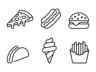 Fast food line icon set. Pizza, hot dog, burger, taco, ice cream, french fries. Fast food concept. Design for menus, food apps, restaurant branding, delivery services and snack. Vector illustration. 