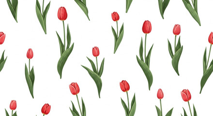 Obraz premium Elegant floral pattern featuring vibrant red tulips for spring designs and cheerful backgrounds, ideal for invitations, textiles, and uplifting projects