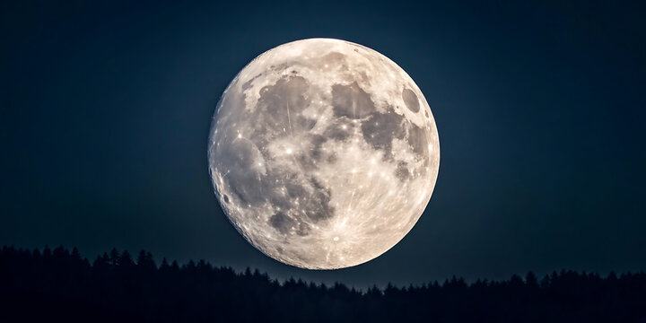 Stunning Full Moon Rising Above a Dark Forest Silhouette Under a Midnight Blue Sky