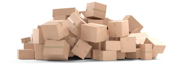 Differently sized cardboard boxes on a heap. Transparent background with semitransparent shadows....