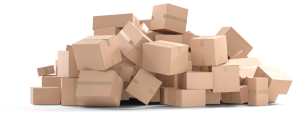 Differently sized cardboard boxes on a heap. Transparent background with semitransparent shadows. Concept image for consumerism, online shopping, abundance, christmas shopping