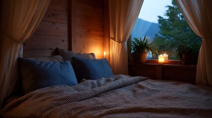 A cozy bedroom interior with a comfortable bed and warm lighting featuring a window view at twilight