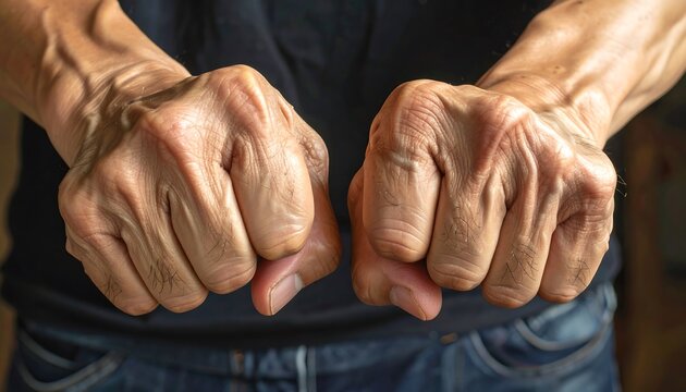 Close-up of clenched fists, showing detailed skin and veins, hinting at strength or tension. Dark top and denim jeans