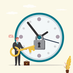 Confident businessman unlocking a giant clock. Completing tasks on time. Time management concept. Effective planning for productive work,