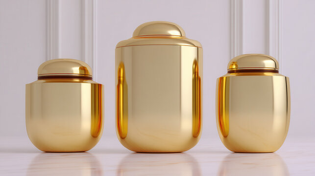 Luxury golden containers with glossy finish on elegant backdrop