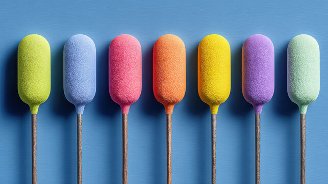 Vibrant colored cotton swabs with textured tips on blue background