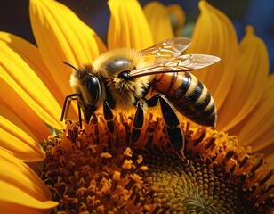 Honey bee close-up on a vibrant sunflower showcasing pollination process
