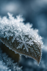 Macro photography of a perfect hexagonal snowflake crystal resting on a frozen brown leaf covered in hoarfrost