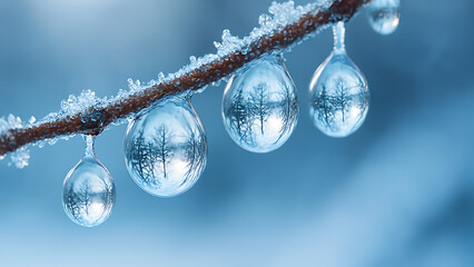 Macro close-up of frozen water droplets hanging from a frosted twig reflecting a winter forest landscape