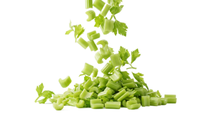 Chopped green celery or leek slices falling in mid-air, creating a dynamic motion effect with flying pieces isolated on a transparent background, cooking concept.