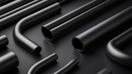 A collection of black pipes arranged on a dark surface.
