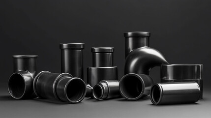 A collection of black pipes arranged on a dark surface.