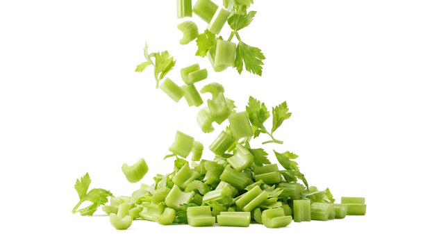 Chopped green celery or leek slices falling in mid-air, creating a dynamic motion effect with flying pieces isolated on a transparent background, cooking concept.