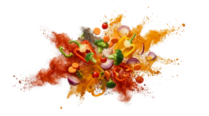 Explosion of mixed vegetables and spices including peppers, onions, and herbs, creating a dynamic and colorful splash of ingredients on a transparent background.