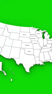 Clean USA Outline Animation with map of united states america showing different animated contiguous lower 48 u s state on an isolated chroma key background distortion, green screen overlay, glitch