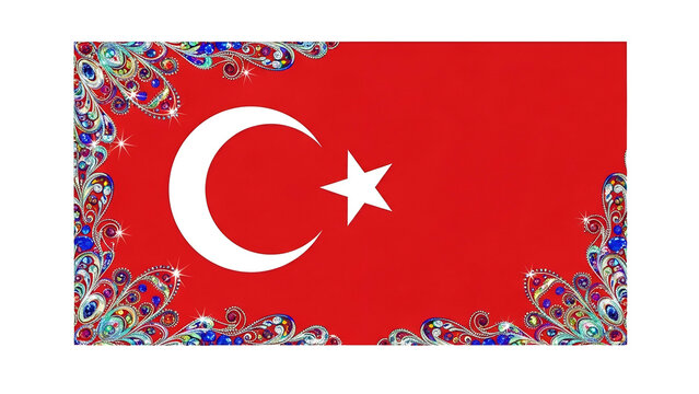 Turkish flag with a white crescent moon and star, ornate floral border, red background