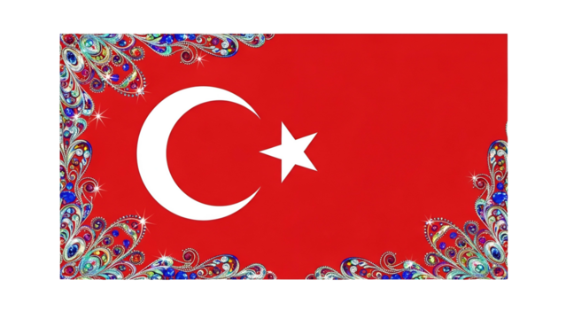 Turkish flag with a white crescent moon and star, ornate floral border, red background