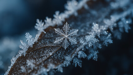 Macro photography of a perfect hexagonal snowflake crystal resting on a frozen brown leaf covered in hoarfrost