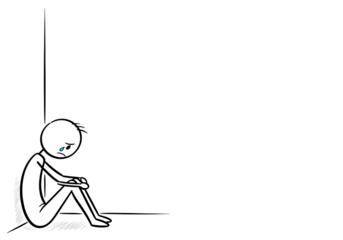 Sad stick figure sits alone in the corner crying