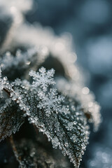 Macro photography of a perfect hexagonal snowflake crystal resting on a frozen brown leaf covered in hoarfrost
