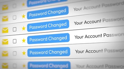 Password Changed email notification list scrolling on the screen close up 4k animation 