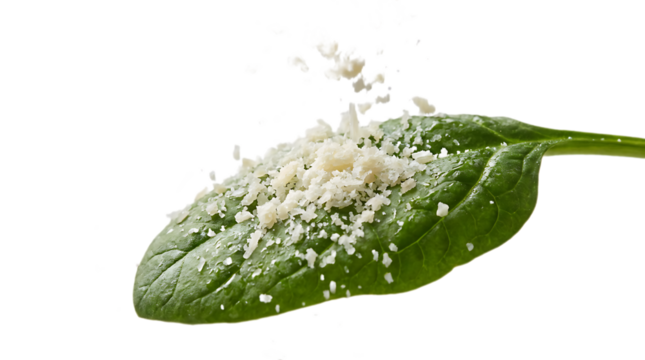 Fresh green spinach leaf with grated parmesan cheese or salt being sprinkled on top, capturing the moment of seasoning on a transparent background.
