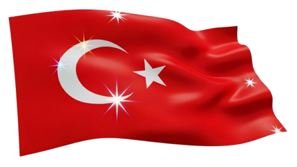 Rendered waving flag; crescent moon and star motif on red background, with sparkly highlights