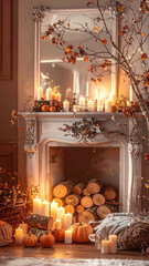 A cozy autumn fireplace, decorated with numerous candles, garlands, and dried branches with golden leaves. Birch logs sit at the base, and a soft, warm light creates a cozy atmosphere.