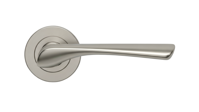 A sleek, metallic door handle with a round backplate, isolated on a black background