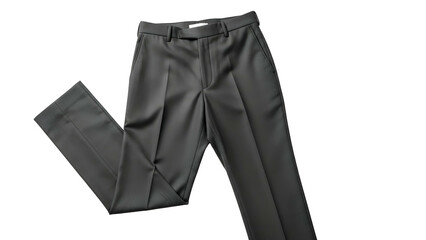 Formal, dark grey trousers, folded neatly, against a black backdrop, top-down view