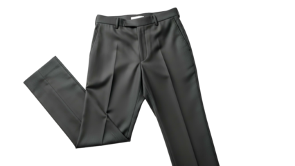 Formal, dark grey trousers, folded neatly, against a black backdrop, top-down view